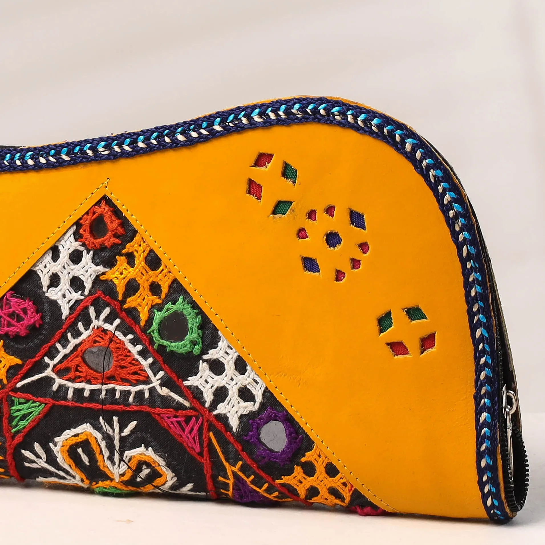 Yellow - Handcrafted Kutch Embroidery Leather Clutch / Wallet